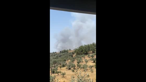Wildfire smoke rises beyond mountains in Buca, Izmir, Turkey