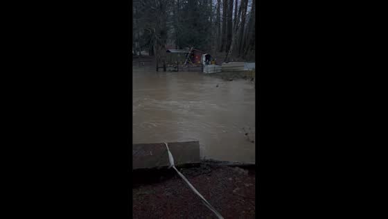 Rural area flooded after river overflows in Morton, Washington, USA