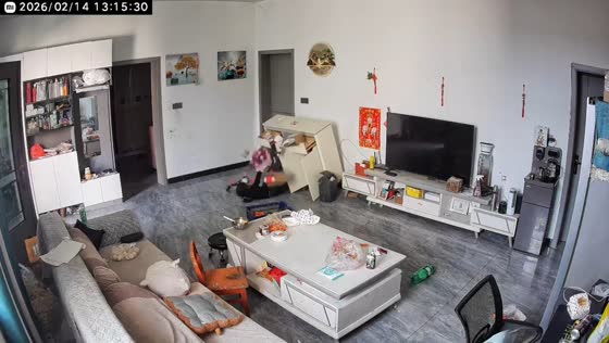 Mischievous girl tips cabinet while playing in Henan, China