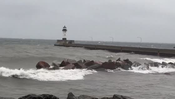 Intense winter storm batters Duluth Canal Park, Minnesota, USA
