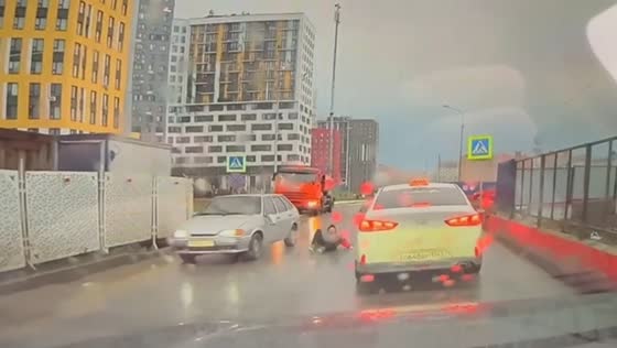Pedestrian hit by car at crosswalk in Kommunarka, Moscow, Russia