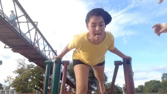 Woman falls on face using outdoor air walker in Buenos Aires, Argentina