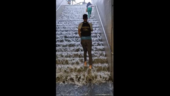 Canillejas Metro Station flooded during storm in Madrid, Spain