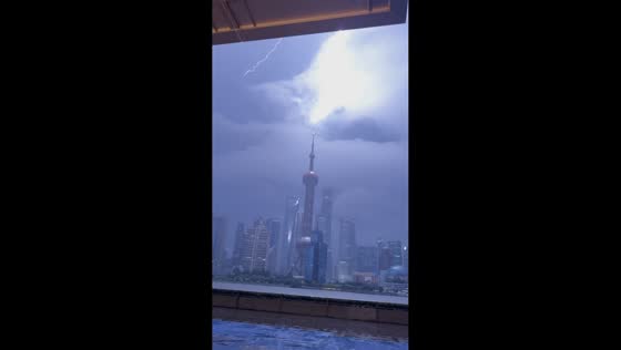Lightning strikes the Oriental Pearl Tower in Shanghai, China
