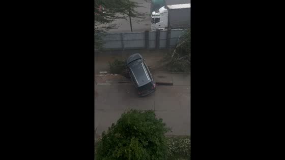 Car crashes onto fallen tree during storm in Kaunas