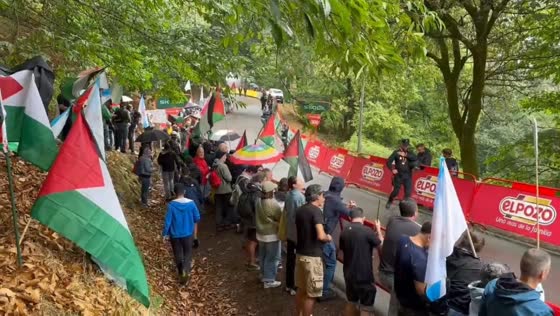 Protest blocked near La Vuelta finish line in Mos, Spain
