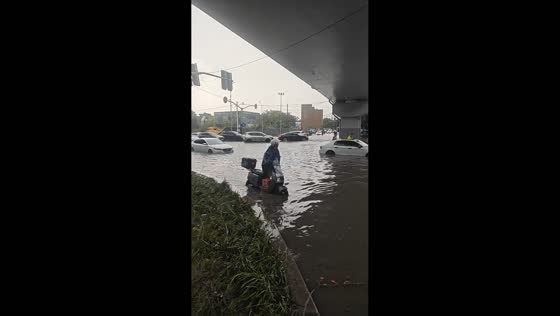 Severe flooding strands vehicles under flyover in Shanghai, China