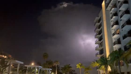 Severe nighttime thunderstorm with intense lightning over St. Petersburg, Florida, USA